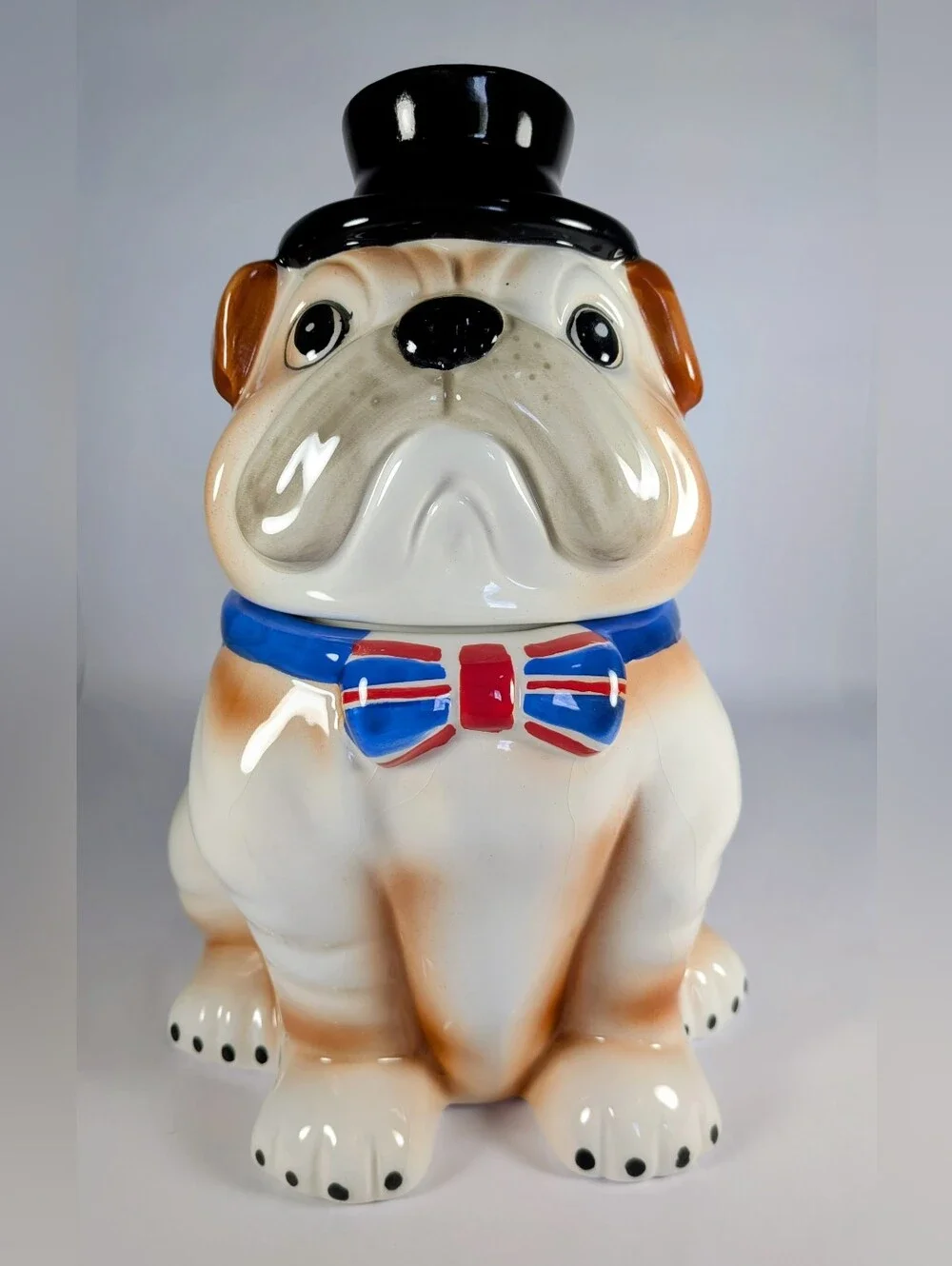 World Market Ceramic Bulldog Dog Treat Jar with Union Jack Bow and Black Top Hat